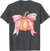 Coquette Halloween Tees NYC Coquette Autumn Pumpkin Pink Bow Girly Halloween Fall Women T-Shirt - Dark Heather Grey