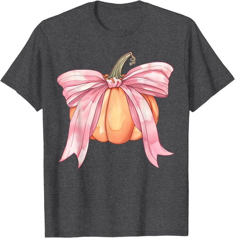Coquette Halloween Tees NYC Coquette Autumn Pumpkin Pink Bow Girly Halloween Fall Women T-Shirt - Dark Heather Grey
