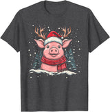 Funny Pig Christmas Outfit Pig Reindeer Santa Hat Christmas Xmas T-Shirt - Dark Heather Grey