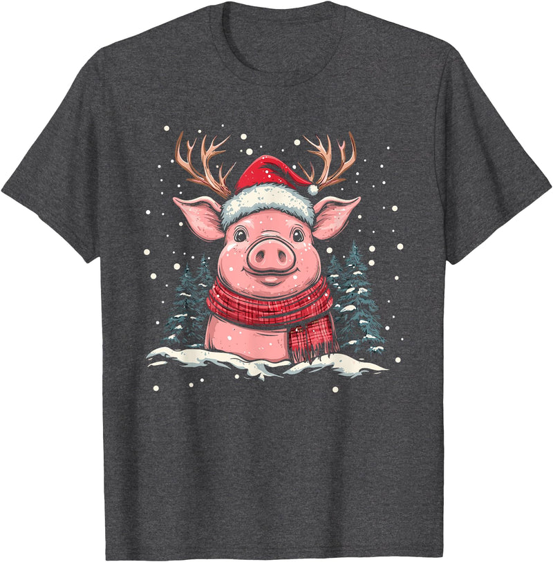 Funny Pig Christmas Outfit Pig Reindeer Santa Hat Christmas Xmas T-Shirt - Dark Heather Grey