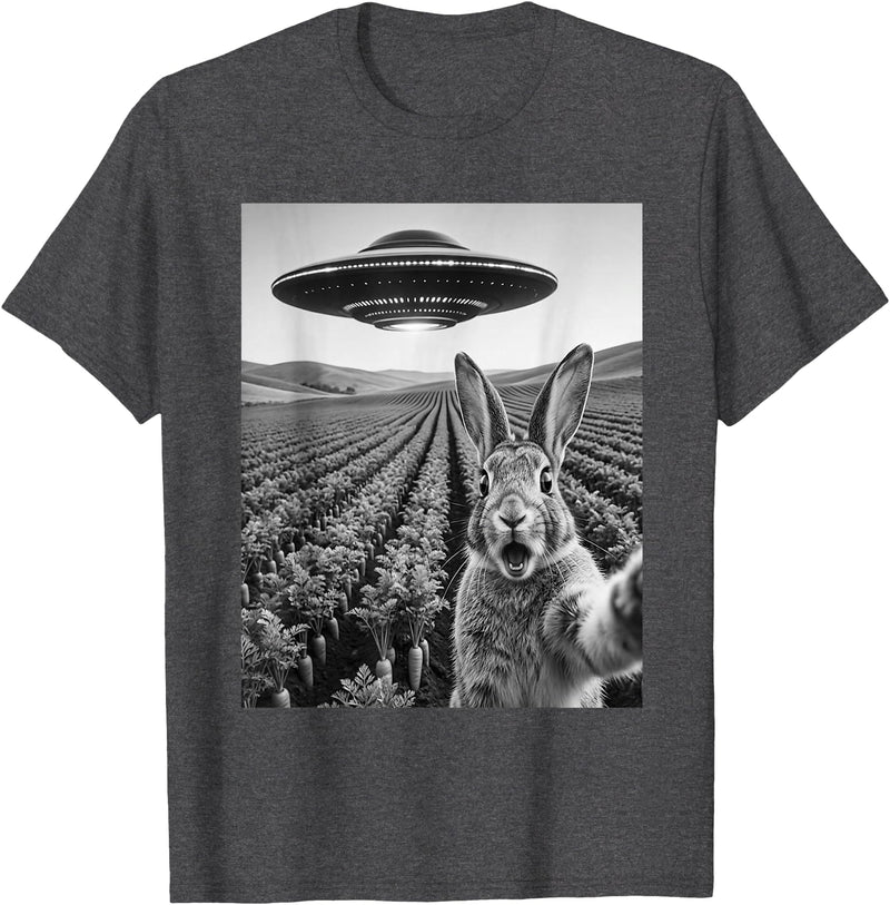 Rabbit Selfie with Alien UFO Funny Rabbit Lover Men Women T-Shirt in Dark Heather Grey