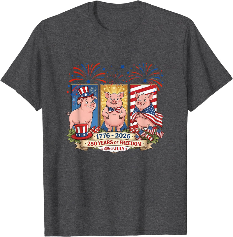 Farmer 4th Of July Costume 1776-2026 Proud 250th Freedom 4th July Three Cute Pigs T-Shirt - Dark Heather Grey