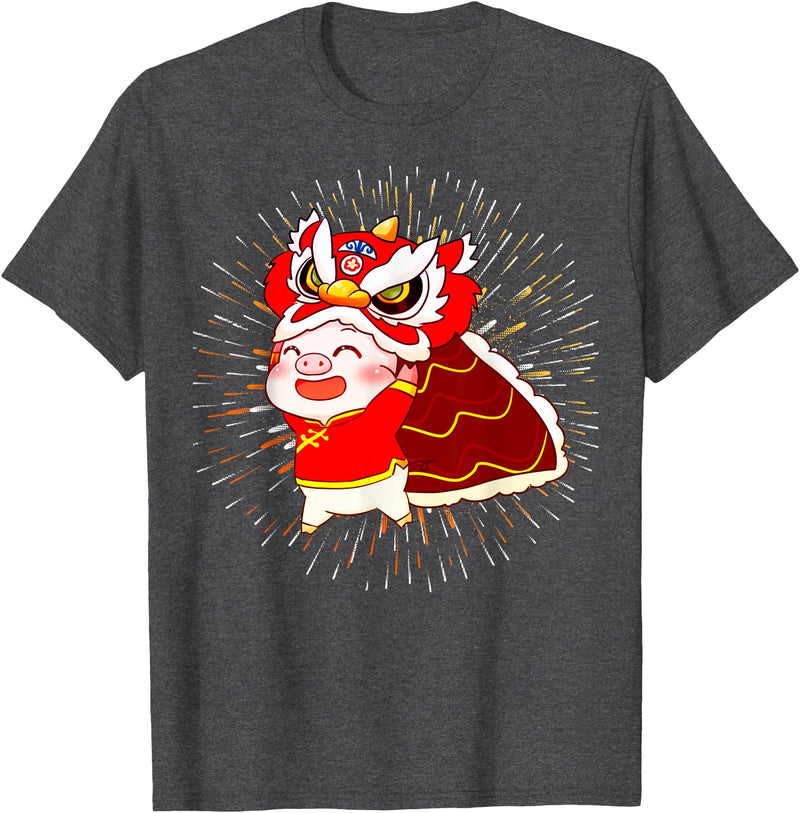 Funny Pig Chinese New Year Celebration Funny Pig Chinese New Year Lion Dancing Piggy T-Shirt - Dark Heather Grey