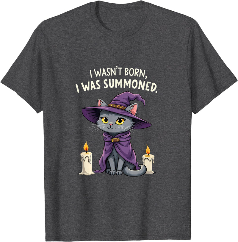 Halloween Cat With Purple Witch Hat Summoned I Wasn't Born I Was Summoned Halloween Black Cat T-Shirt - Dark Heather Grey