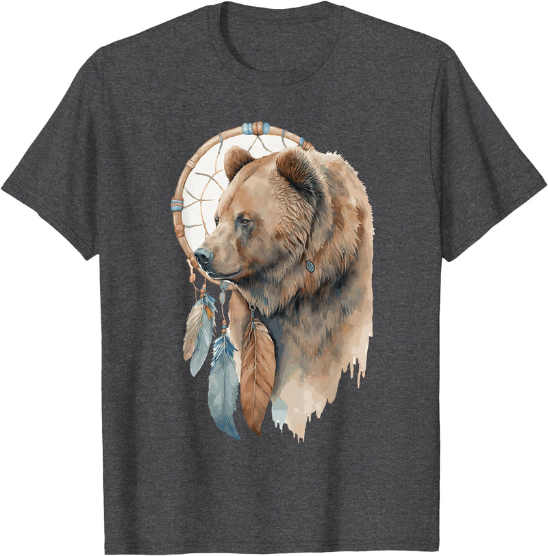 More Tribal Native American Totem Animal Art Bear Tribal Watercolor Bear Dream Catcher T-Shirt - Dark Heather Grey