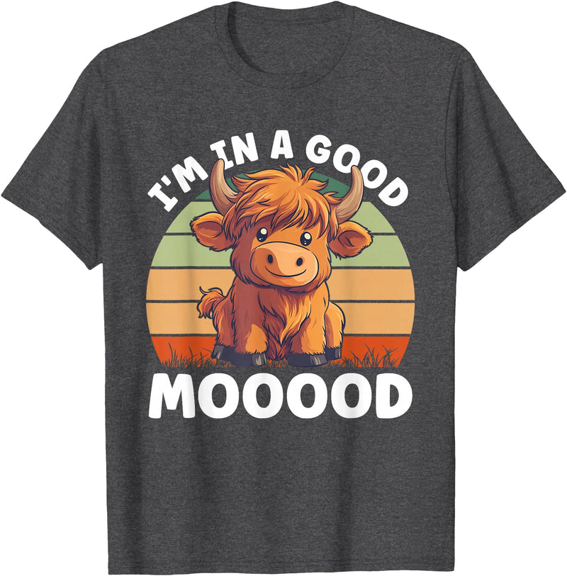 Funny Cow Design Farm Animal Lover Farmer Cowgirl Highland Cow Moo In A Good Mooood Carton Cow T-Shirt - Dark Heather Grey