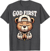 Christian Hip Hop Hustle Praying Teddy Bear Design God First Hip Hop Teddy Bear Cross Christian Streetwear Pray T-Shirt - Dark Heather Grey