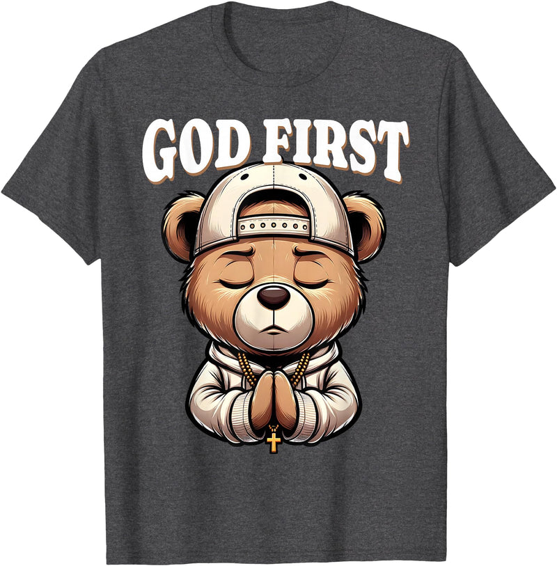 Christian Hip Hop Hustle Praying Teddy Bear Design God First Hip Hop Teddy Bear Cross Christian Streetwear Pray T-Shirt - Dark Heather Grey