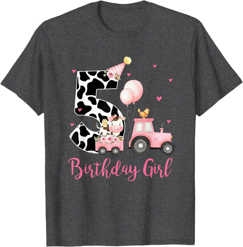 Milk Cow Print 5 Year Old Girl Birthday Gift 5th Birthday Outfit Girl 5 Year Old Farm Cow Chick Tractor T-Shirt - Dark