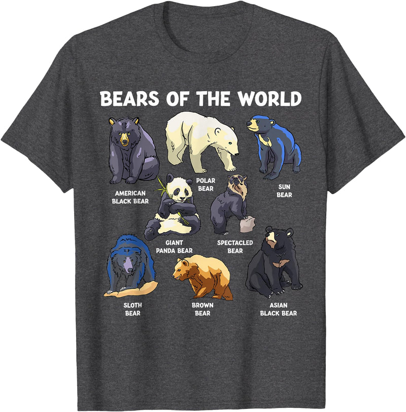 GoshWow Bears of The World Kawaii Types of Bears Wildlife Zoo Bear T-Shirt - Dark Heather Grey