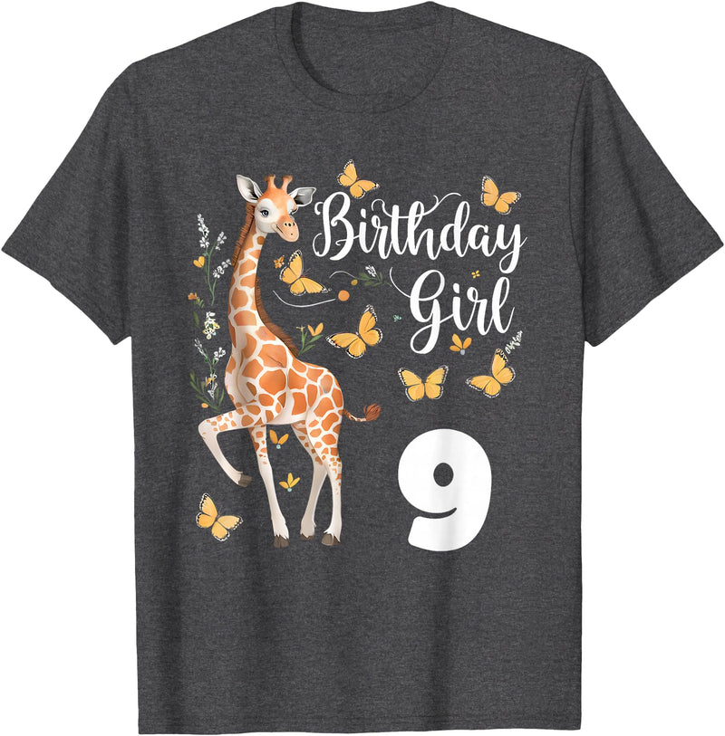Giraffe Birthday Party by LazyPanda Giraffe 9th Birthday Girl 9 Years Old Giraffe Lover T-Shirt - Dark Heather Grey