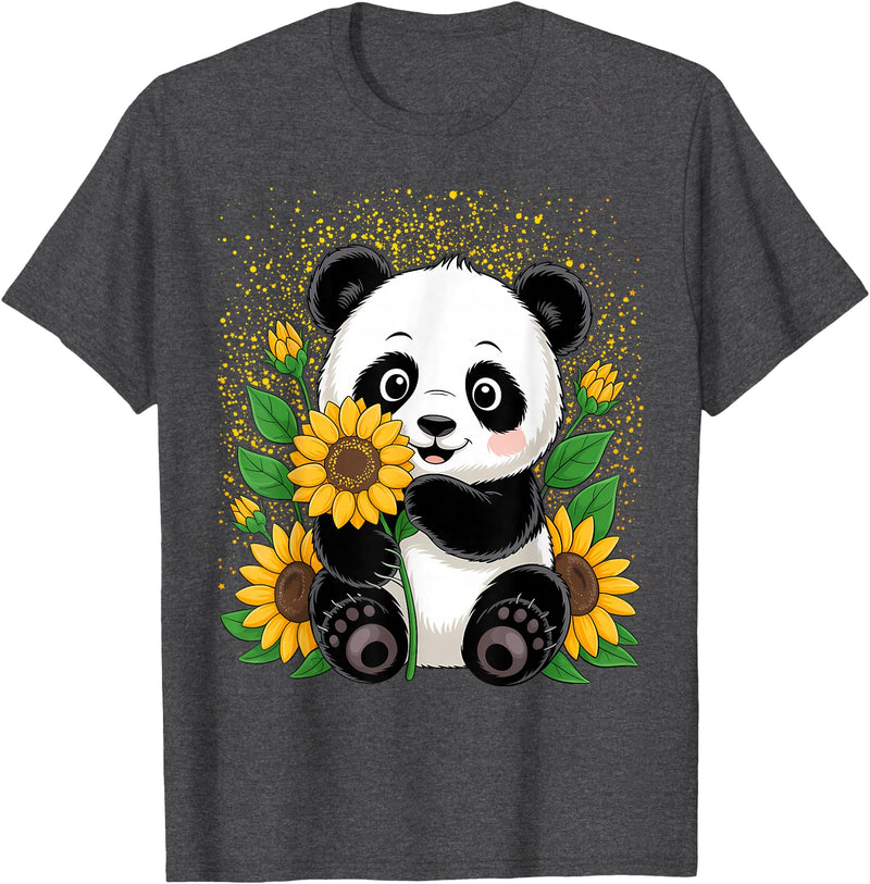 Panda Lover Gift Co. Panda Bear with Sunflowers, Panda Bear T-Shirt - Dark Heather Grey