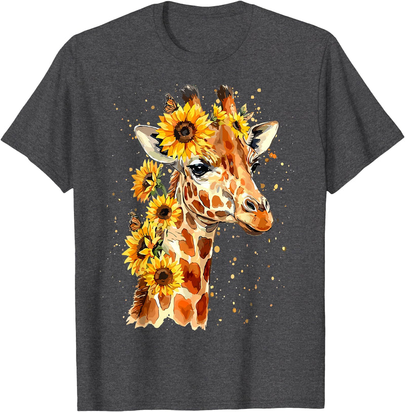 Funny Girl who loves Giraffe Sunflower Giraffe Cute Floral Safari Animal T-Shirt - Dark Heather Grey