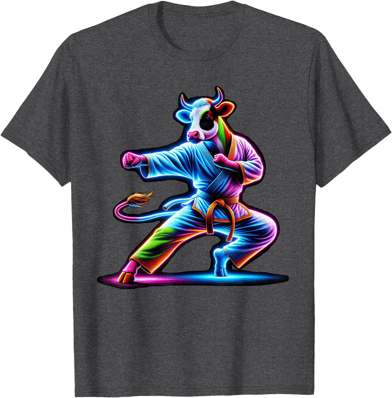 Cow Karate Black Belt Apparel Cow Karate Kick Punch Cute Funny Cool Martial Arts Cow T-Shirt - Dark Heather Grey