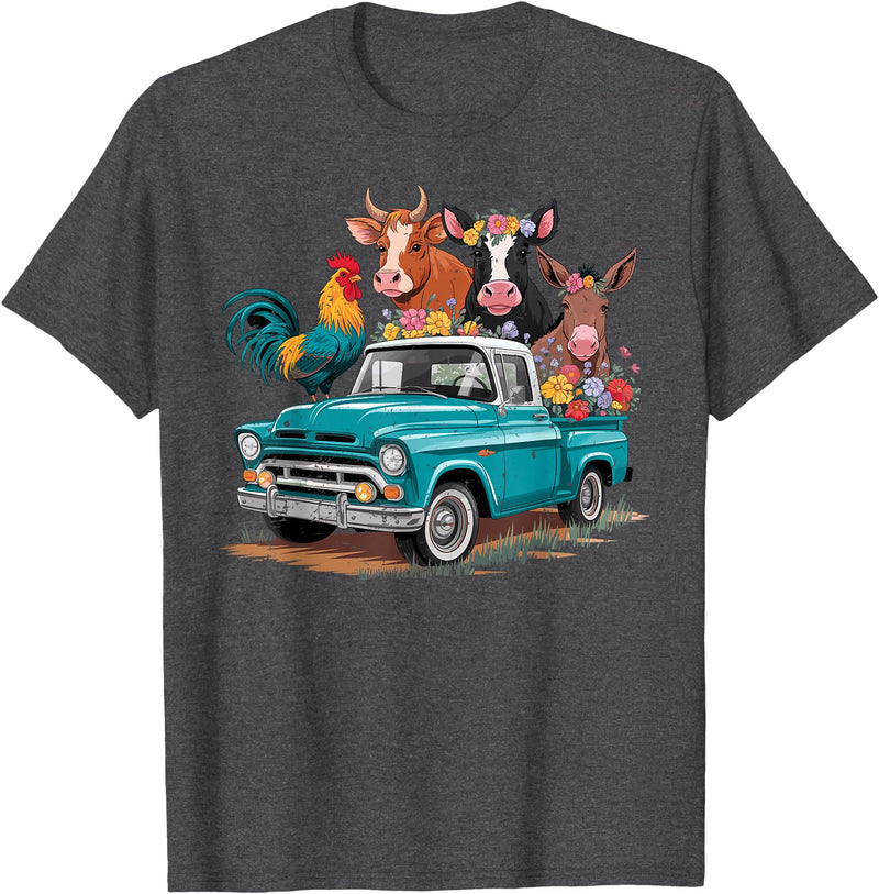 Farm Pickup Truck Farm animals Cow Girl Wife Tee Vintage Pickup Truck Farm Animals Rooster, Cow, Pig, Donkey T-Shirt - Dark