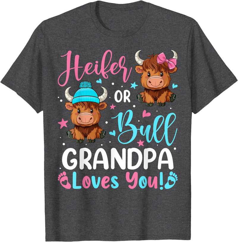 Reveal Party Highland Cow Bull or Heifer Grandpa Loves You Highland Cow Lover T-Shirt - Dark Heather Grey