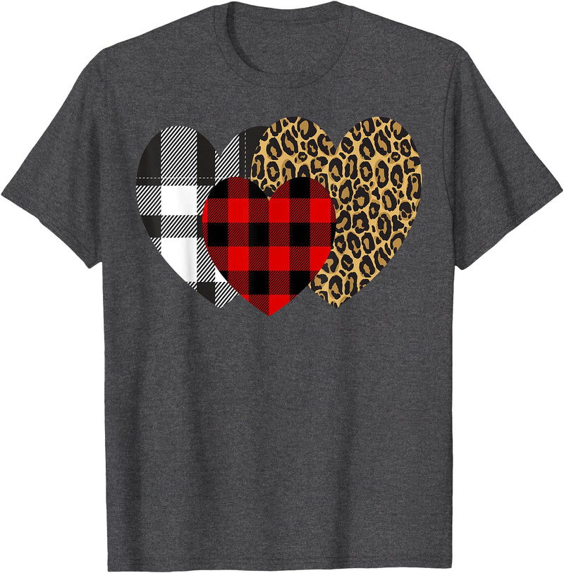 Leopard Heart Buffalo Red Black Plaid Gift Leopard Heart Buffalo Red Black Plaid Heart Valentine Day T-Shirt - Dark Heather