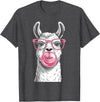 Cute Lama Llama Wearing Glasses Pink Apparel Llama Alpacas Wearing Glasses and Blowing Pink Bubble Gum T-Shirt - Dark Heather Grey