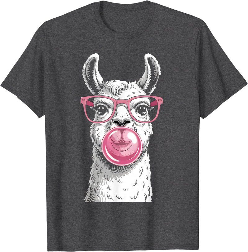 Cute Lama Llama Wearing Glasses Pink Apparel Llama Alpacas Wearing Glasses and Blowing Pink Bubble Gum T-Shirt - Dark Heather Grey