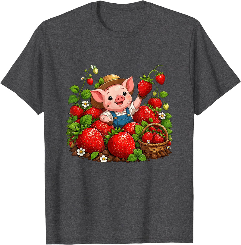 Kawaii Strawberry Piglet Farm Harvest Cute Farmer Pig Strawberry Patch Berry Picking T-Shirt - Dark Heather Grey