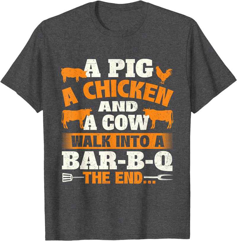 Funny BBQ Shirts A Pig A Chicken And A Cow - Grilling BBQ Lover Barbecue T-Shirt - Dark Heather Grey
