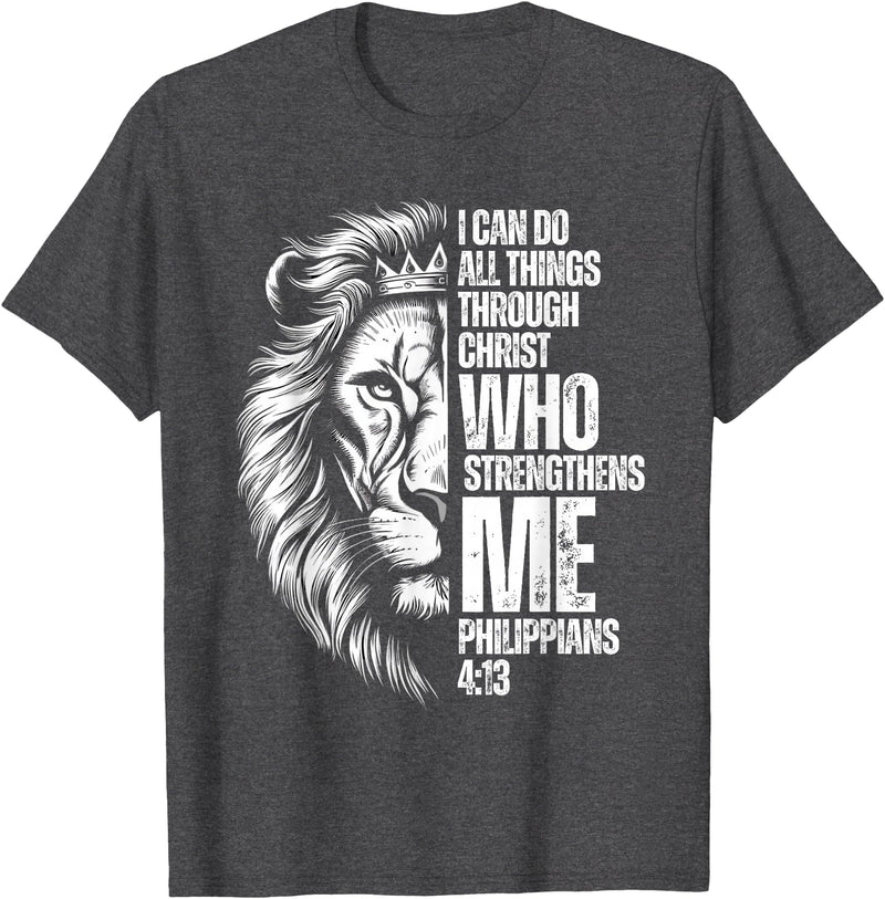 Philippians 4:13 Christian Jesus Lion Father Dad Christian Verse Lion Philippians 4:13 I Can Do All Things T-Shirt - Dark Heather Grey