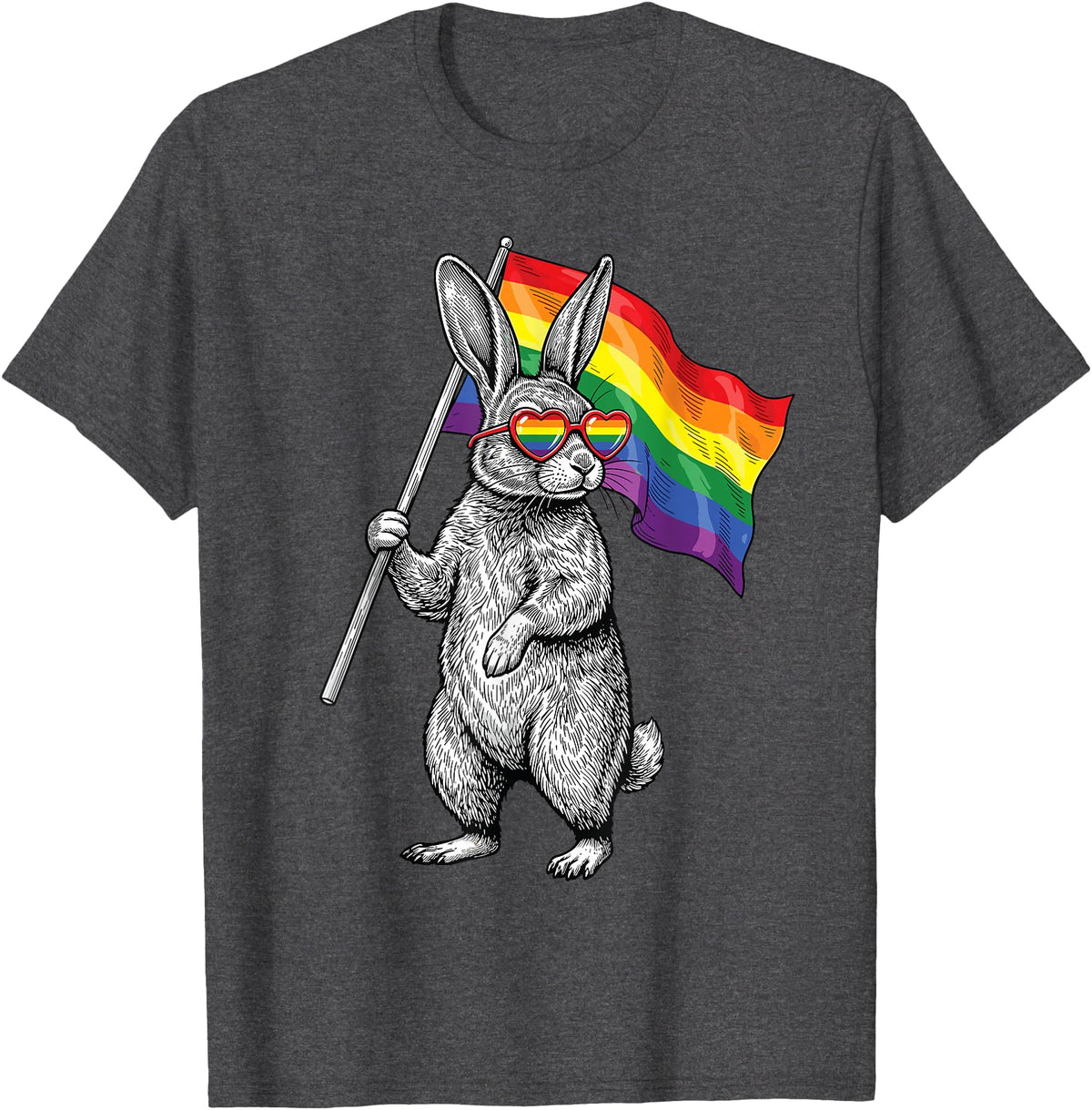 LGBTQ Pride Month Bunny Rainbow Gay Flag LGBT Ally Rabbit T-Shirt in Dark Heather Grey