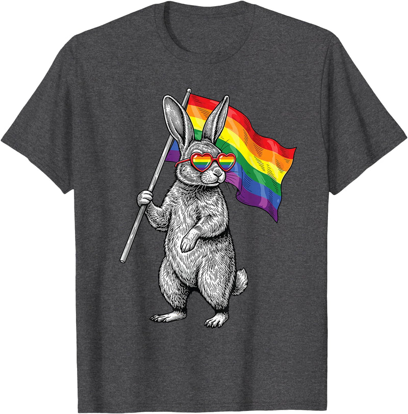 LGBTQ Pride Month Bunny Rainbow Gay Flag LGBT Ally Rabbit T-Shirt in Dark Heather Grey