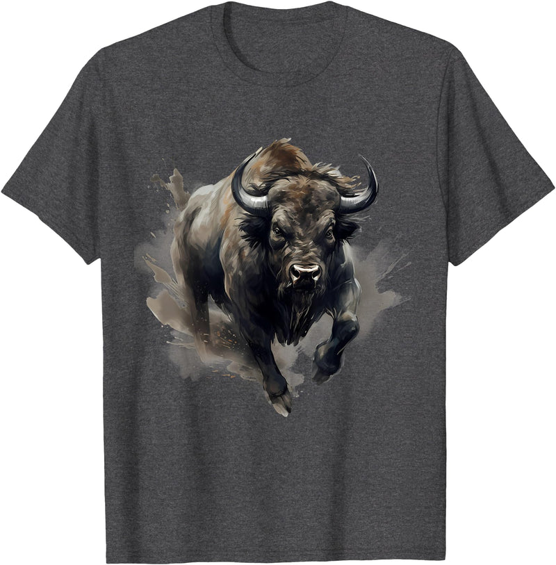 Safari Animal Art Buffalo Animal Print Splash Motif Bison Drawing Wildlife T-Shirt - Dark Heather Grey