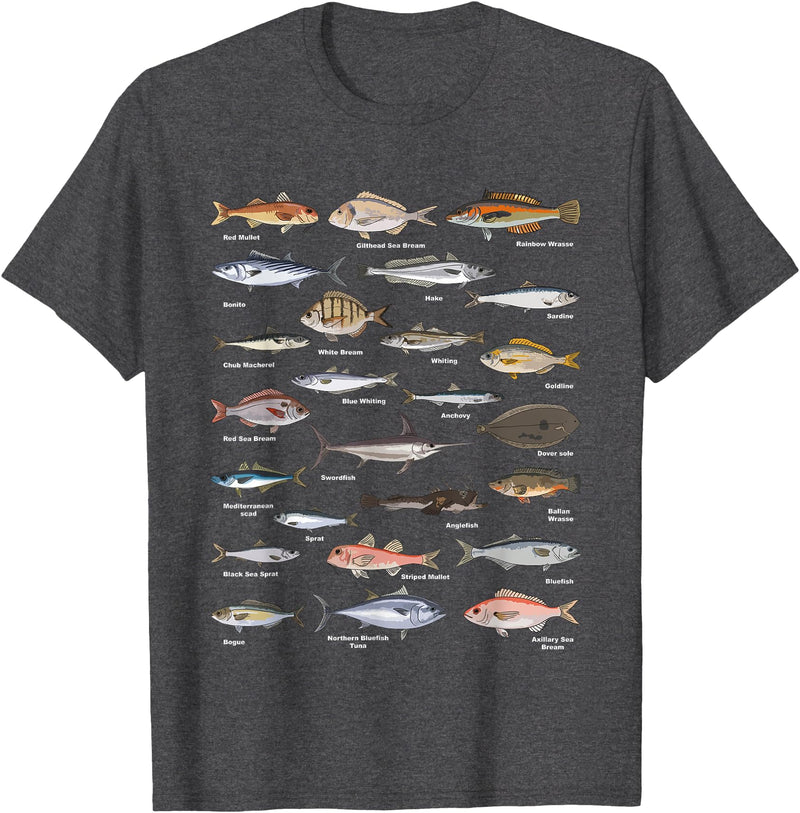 Botanical Chart Apparel Co. Vintage Fish Identification Chart Fishing T-Shirt Small - Dark Heather Grey