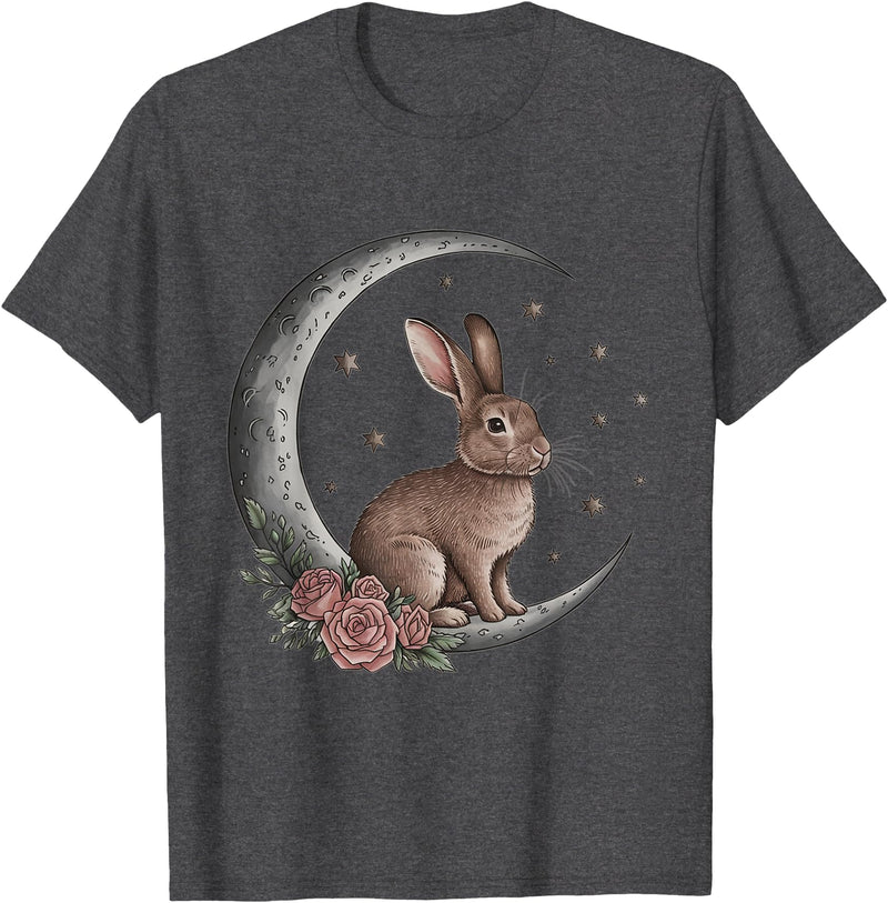 Vintage Bunny on the Moon Cute Goth Easter Rabbit T-Shirt in Dark Heather Grey