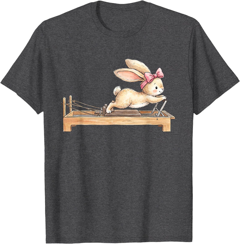 Cute Bunny Doing Pilates Reformer Machine Easter Rabbit T-Shirt in Dark Heather Grey