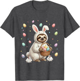 Cute Easter Bunny Rabbit with Eggs Whimsical Sloth Design T-Shirt in Dark Heather Grey
