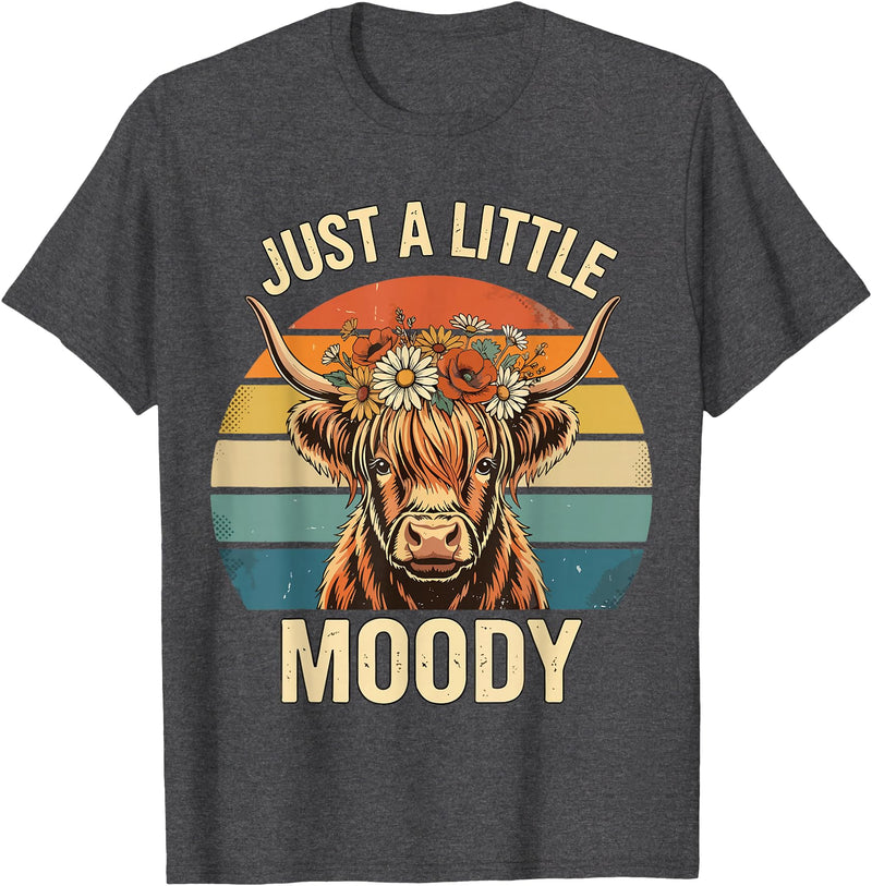 Just A Little Moody Funny Cow Tee Highland Cow Vintage Flower Funny Farm Farmer T-Shirt - Dark Heather Grey