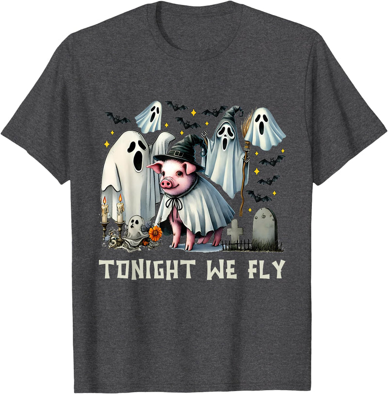 Pigaboo Farm Halloween Tonight We Fly Pig Farm Animal Lover Halloween T-Shirt - Dark Heather Grey