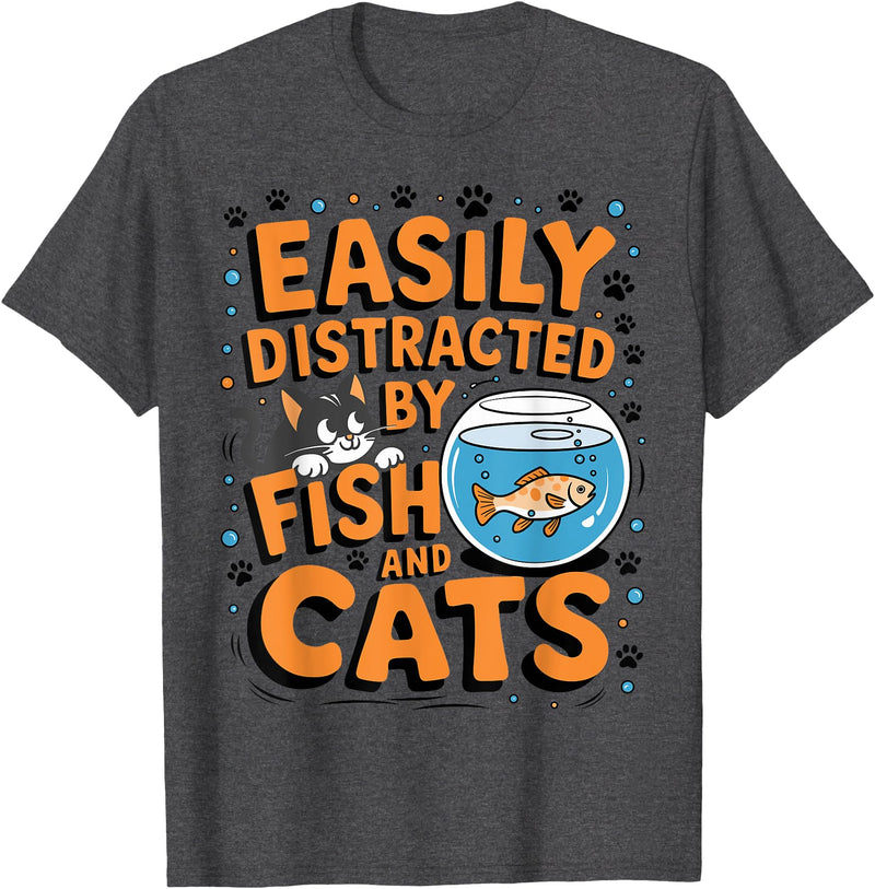 Easily distracted by Apparel Easily Distracted by Fish and Cats T-Shirt - Dark Heather Grey