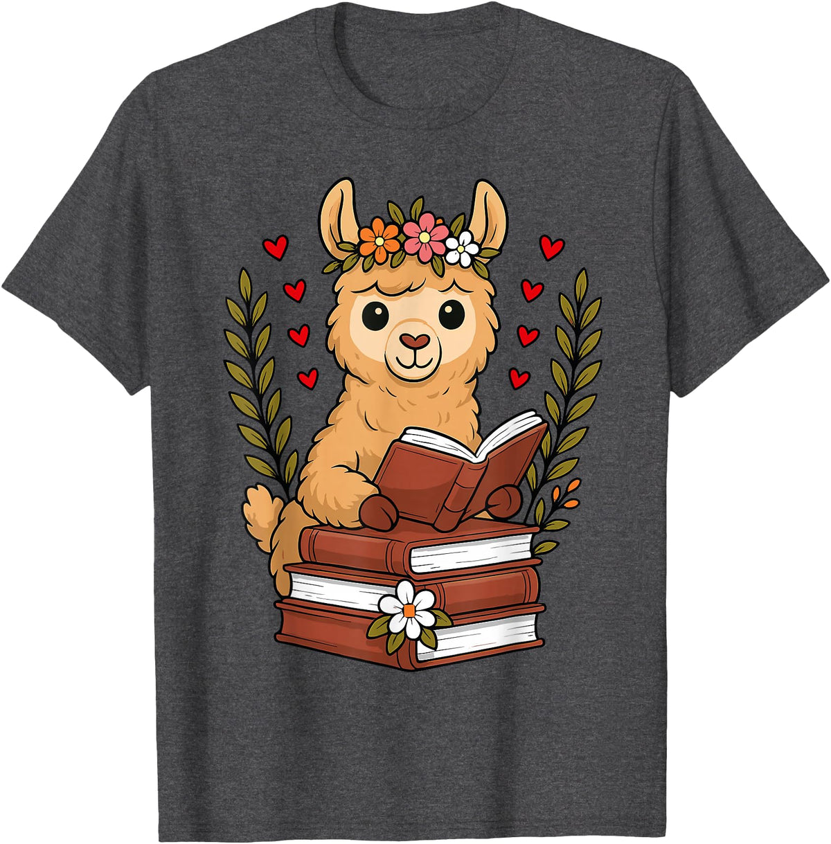 Bookworm Cute Llama Reading Book Llama Reading Book Graphic Llama with Book Floral T-Shirt - Dark Heather Grey