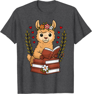 Bookworm Cute Llama Reading Book Llama Reading Book Graphic Llama with Book Floral T-Shirt - Dark Heather Grey