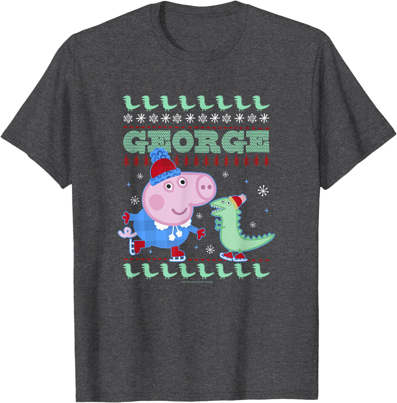 Peppa Pig George Pig Ice Skating Ugly Christmas Sweater T-Shirt - Dark Heather Grey