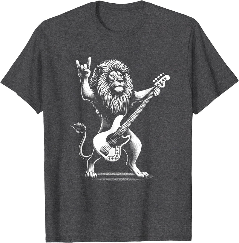 Funny Guitar Lion Lovers Costume for Guitarist Rock n Roll Lion Playing Guitar Funny Men Women Lion T-Shirt - Dark Heather Grey