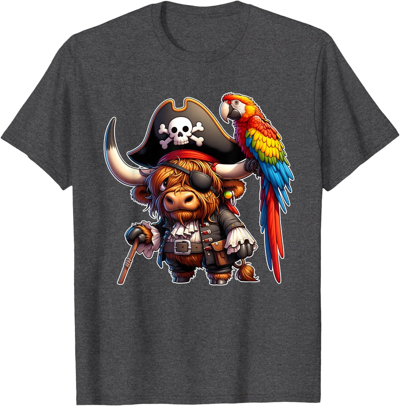 Funny Pirate Highland Cow Apparel Pirate Highland Cow with Colorful Parrot T-Shirt - Dark Heather Grey