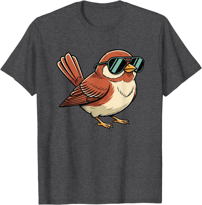 Chipper Feather Co Bird: Sparrow in Sunglasses, Cool Cartoon Avian Attitude T-Shirt - Dark Heather Grey