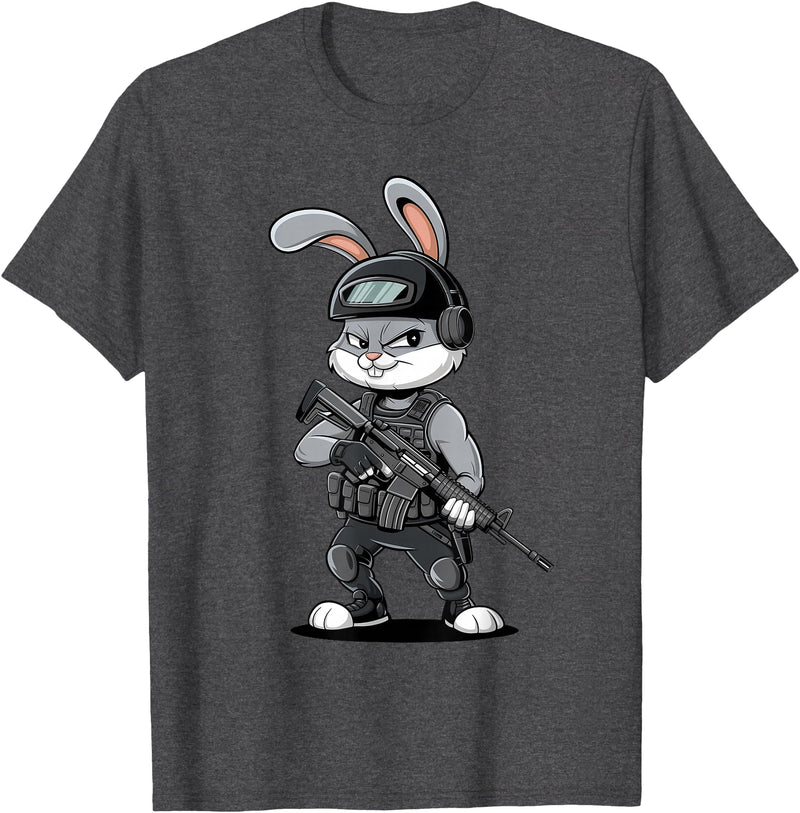 Armed Bunny Easter Military Rabbit Graphic for Men T-Shirt in Dark Heather Grey