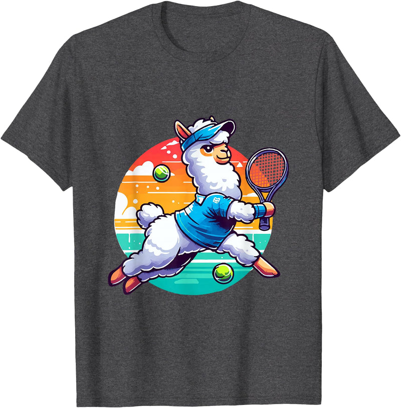 Funny Cute Animals Playing Tennis Apparel Llama Playing Tennis in Front of a Sunset T-Shirt - Dark Heather Grey