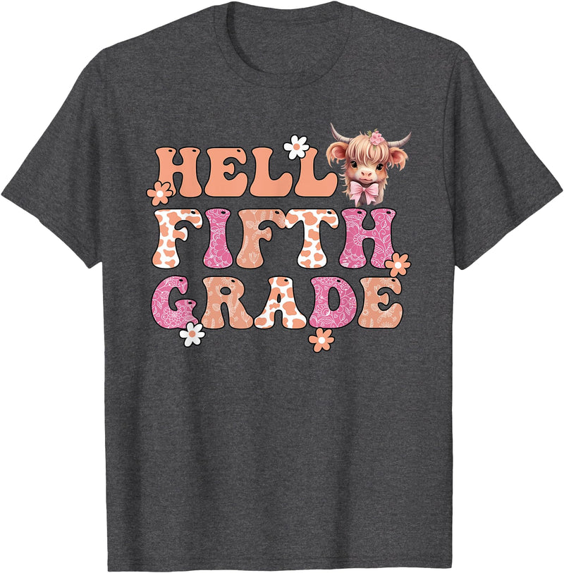 Highland Cow Print First Day of Fifth Grade Tees Hello Fifth Grade Highland Cow Back To School 5th Grade T-Shirt - Dark