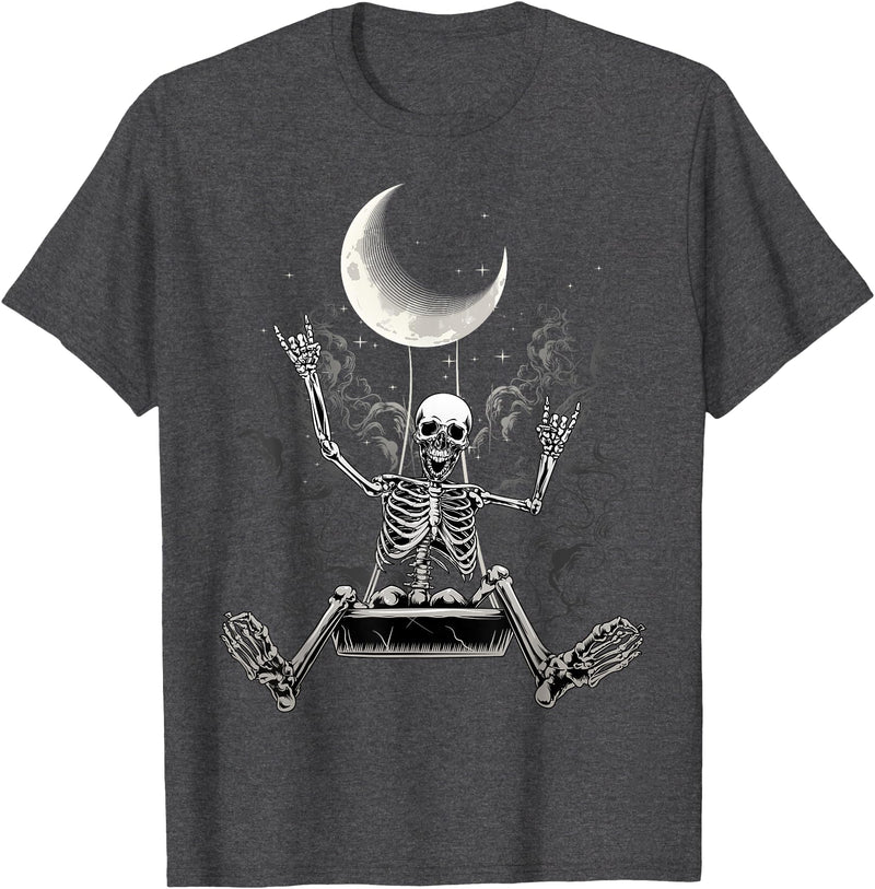 Skeleton Love Halloween Moon Skeleton Rock On Hand Spooky Halloween Rock Concerts T-Shirt - Dark Heather Grey