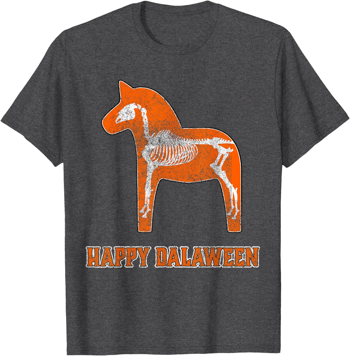 Nordic Emporium Swedish Halloween Happy Dalaween Scary Dala Horse Skeleton T-Shirt - Dark Heather Grey