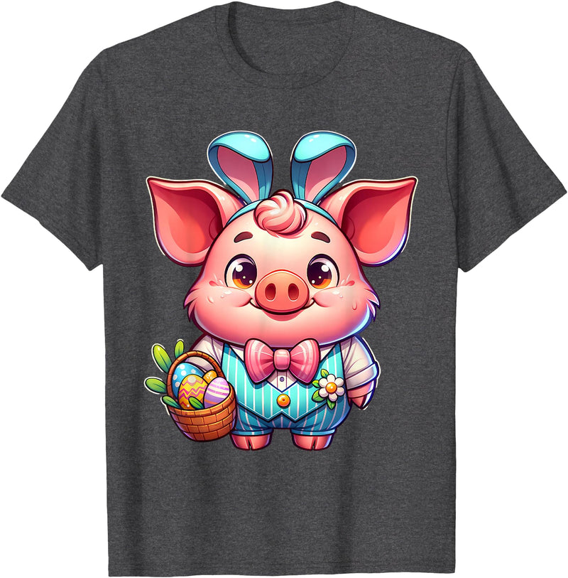Pig Easter Designs. Easter Pig Bunny Ears Eggs Cute Farm Animal T-Shirt - Dark Heather Grey