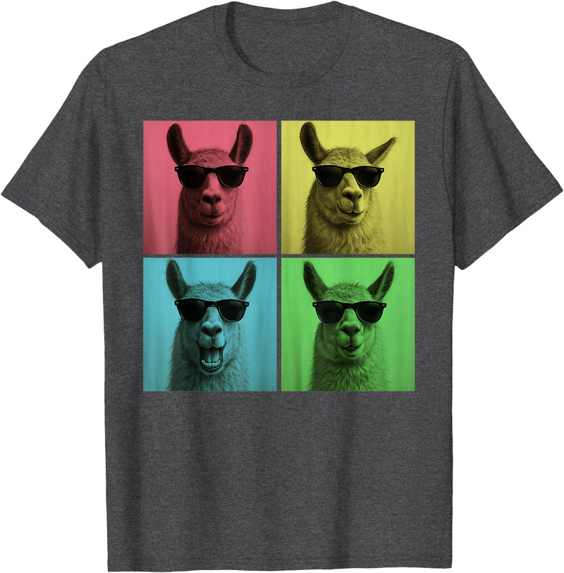 Retro Cute Llama Portrait with Sunglasses Llama Funny Pop Art Llama Lover Photo Booth T-Shirt - Dark Heather Grey