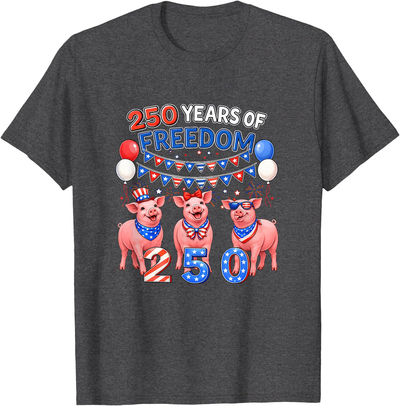 Farmer 4th Of July Costume 250th Freedom 4th of July US Flag Fireworks Three Cute Pigs T-Shirt - Dark Heather Grey